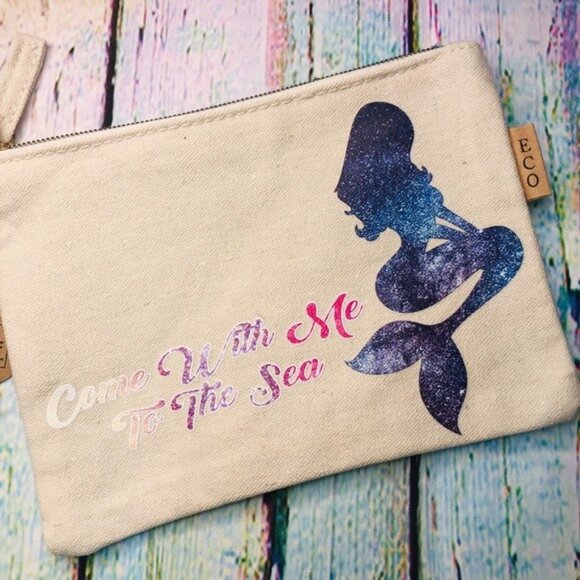 Mermaid Ocean Fun! Tropical Beach Arial Make Up Bag Pouch ECO Recycled Cotton - Picture 4 of 9